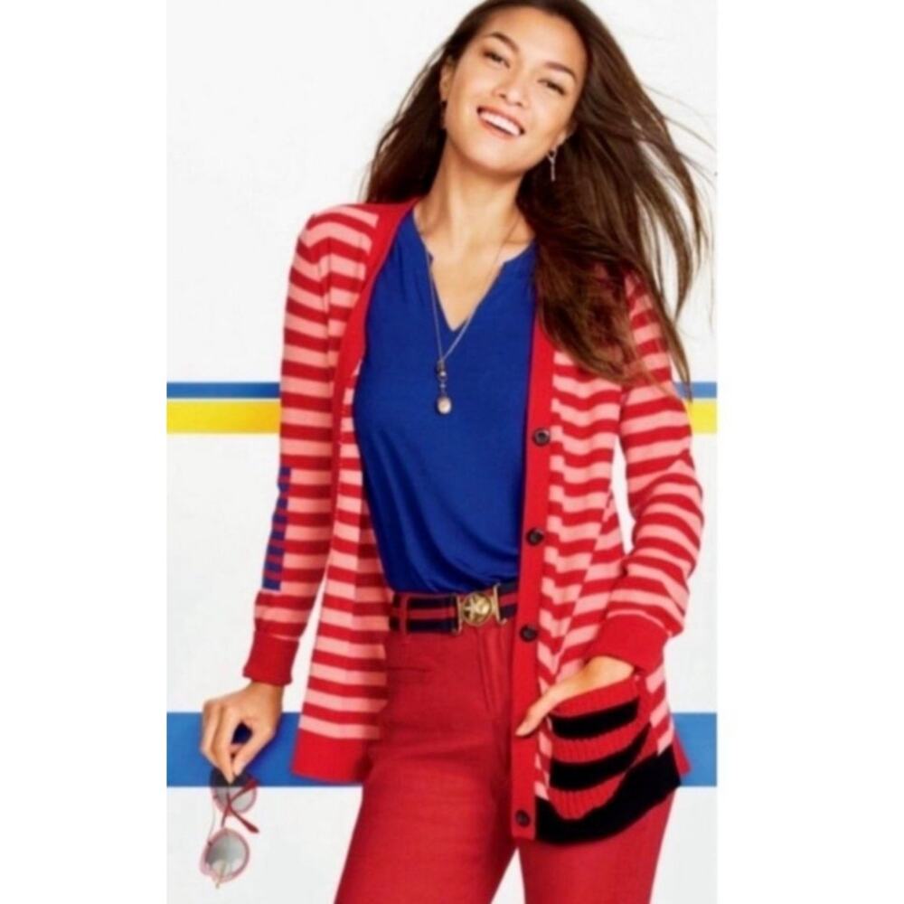 Cabi Red & Pink Striped Picnic Cardigan Blue Stripe Elbow Patch SZ SMALL